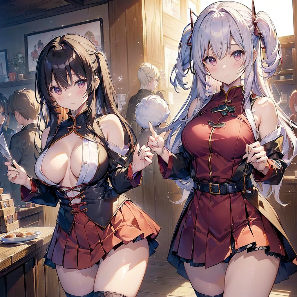 ((((Haremの複数のキャラクターが笑顔で描かれました))))、Group of female dancers in a medieval fantasy setting、Dragon Quest、 (At the pub), Various Hair Styles, Harem, night, detailed aspects, (Clothes that expose a lot of skin:1.5), mini skirt, Seduce, Sleeveless、(Showing her unworn panties)、Large Breasts、A little bigger ass、Waist、Pulling up her short skirt