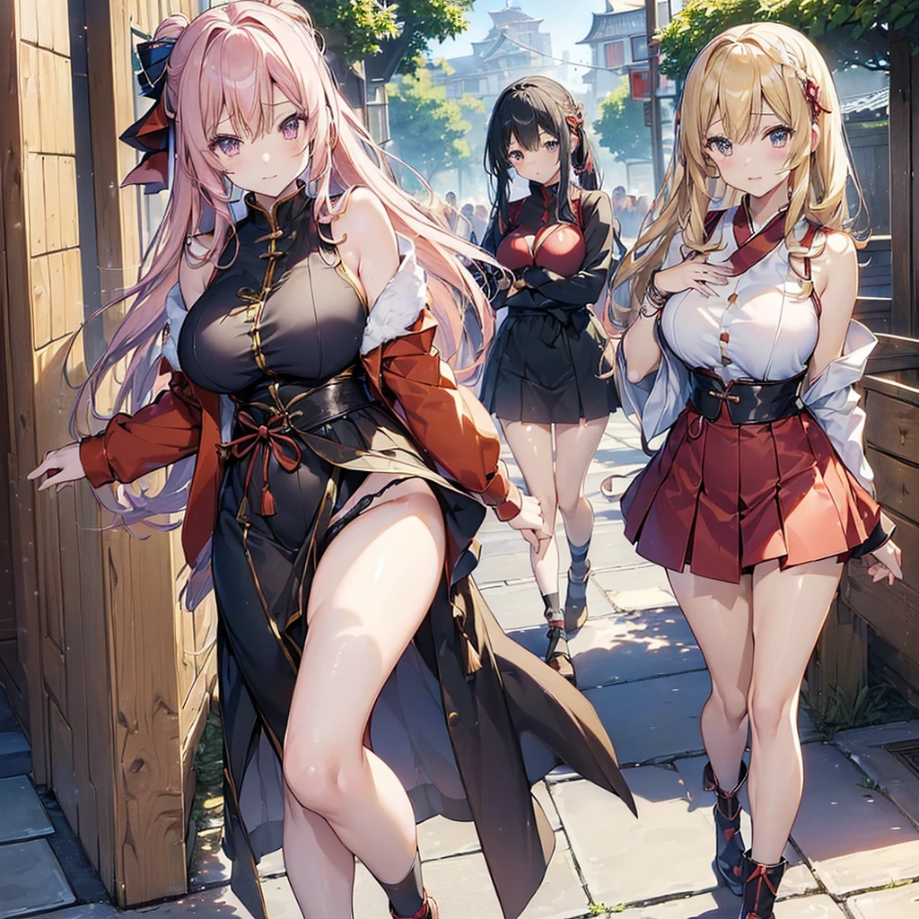 ((((Haremの複数のキャラクターが笑顔で描かれました))))、Group of female dancers in a medieval fantasy setting、Dragon Quest、 (At the pub), Various Hair Styles, Harem, night, detailed aspects, (Clothes that expose a lot of skin:1.5), mini skirt, Seduce, Sleeveless、(Showing her unworn panties)、Large Breasts、A little bigger ass、Waist、Pulling up her short skirt