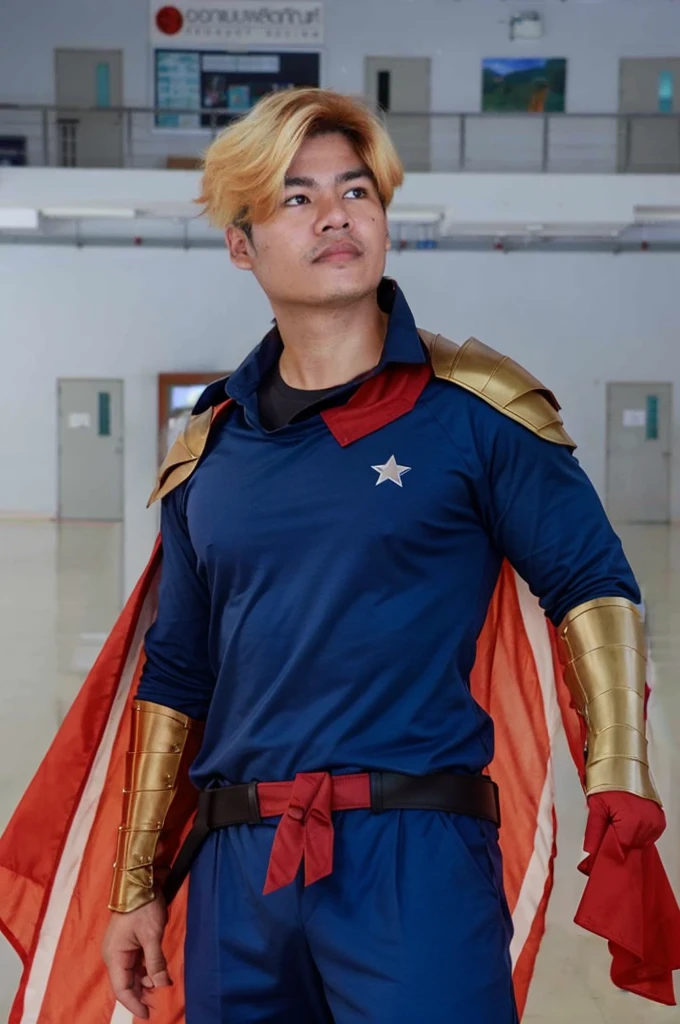 Homelander's costume heavily features American patriotic symbols, such as the stars and stripes, which underline his public persona as a hero embodying American values.
Color Scheme: The red, white, and blue color scheme is prominent, enhancing his image as the quintessential American superhero.
Armor-like Elements: His suit is designed to look almost like armor, suggesting strength and invulnerability, reflecting his superhuman abilities.
Cape and Eagle Motif: He sports a cape, often associated with traditional superheroes, and an eagle emblem on his shoulder, further reinforcing the American theme.
