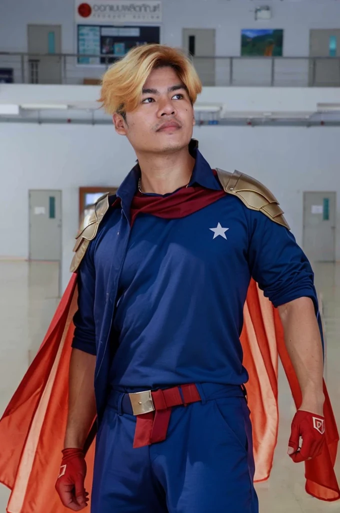 Homelander's costume heavily features American patriotic symbols, such as the stars and stripes, which underline his public persona as a hero embodying American values.
Color Scheme: The red, white, and blue color scheme is prominent, enhancing his image as the quintessential American superhero.
Armor-like Elements: His suit is designed to look almost like armor, suggesting strength and invulnerability, reflecting his superhuman abilities.
Cape and Eagle Motif: He sports a cape, often associated with traditional superheroes, and an eagle emblem on his shoulder, further reinforcing the American theme.