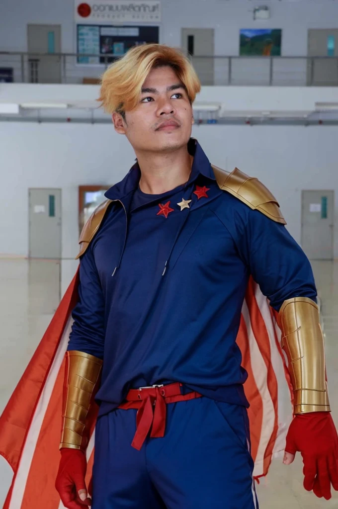 Homelander's costume heavily features American patriotic symbols, such as the stars and stripes, which underline his public persona as a hero embodying American values.
Color Scheme: The red, white, and blue color scheme is prominent, enhancing his image as the quintessential American superhero.
Armor-like Elements: His suit is designed to look almost like armor, suggesting strength and invulnerability, reflecting his superhuman abilities.
Cape and Eagle Motif: He sports a cape, often associated with traditional superheroes, and an eagle emblem on his shoulder, further reinforcing the American theme.