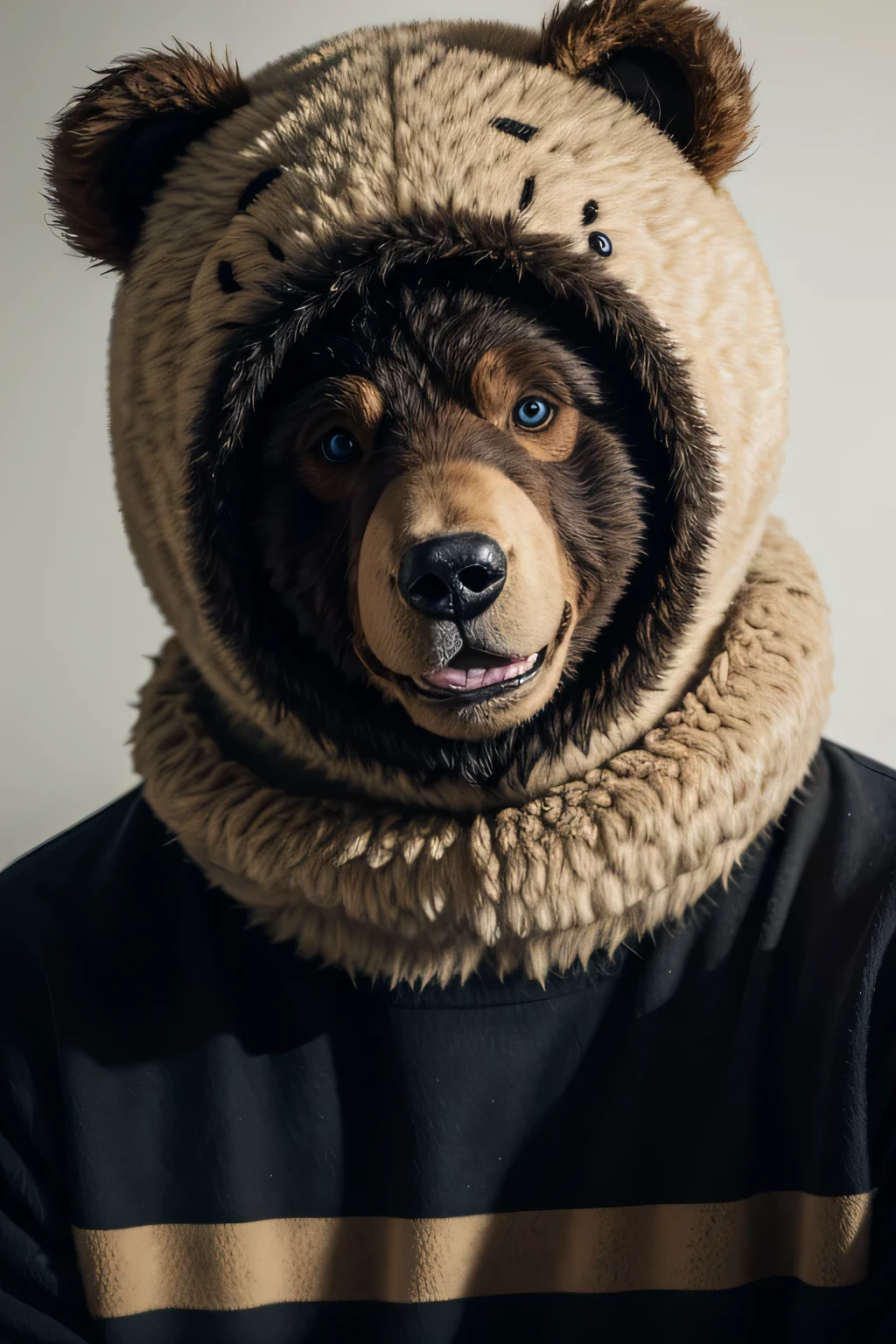 a man in a furry bear sweater and wearing a bear mask in which this bear is smiling