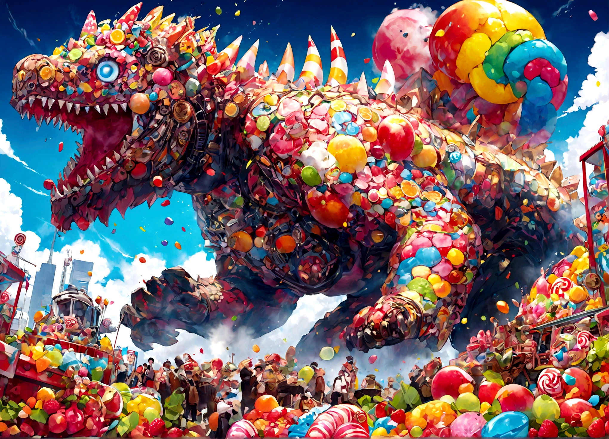 Giant Kaiju made of bright bits of fruit salad battle in a candy land Tokyo, Steam Punk styling