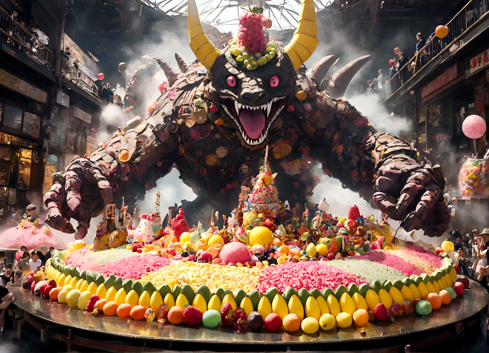Giant Kaiju made of bright bits of fruit salad battle in a candy land Tokyo, Steam Punk styling
