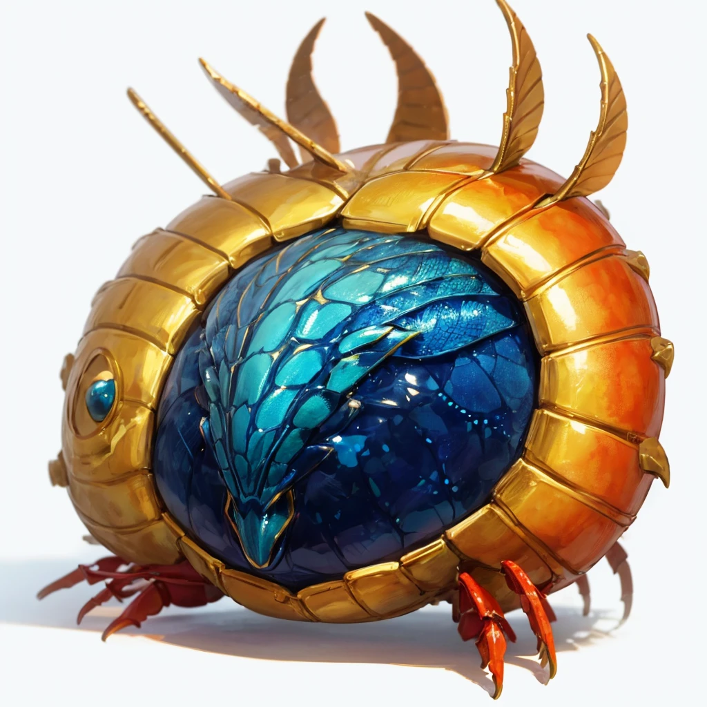 Small Animaly, green and blues colour skins, has scales, his body is shaped like a lobster but his face is like a gold, silver colour skins, Grassroots background, (white background simpleks)