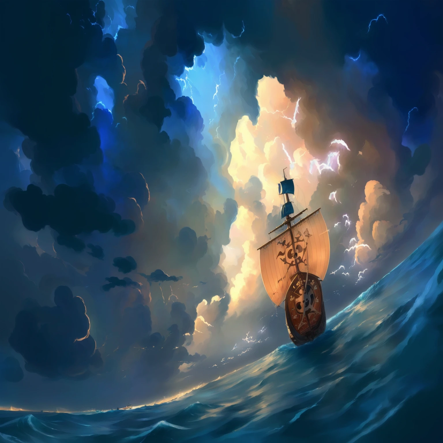 there is a painting of a pirate ship in the ocean, one piece ship sailing, on a pirate ship background, amazing wallpaper, a ship lost in a storm, hd wallpaper, 4 k hd illustrative wallpaper, background artwork, in style of cyril rolando, cyril rolando and goro fujita, anime epic artwork, a beautiful artwork illustration, background art