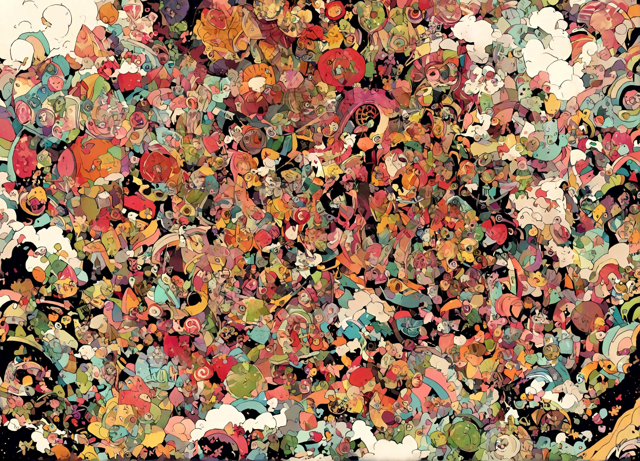 Giant Kaiju made of bright bits of fruit salad battle in a candy land Tokyo, Steam Punk styling
