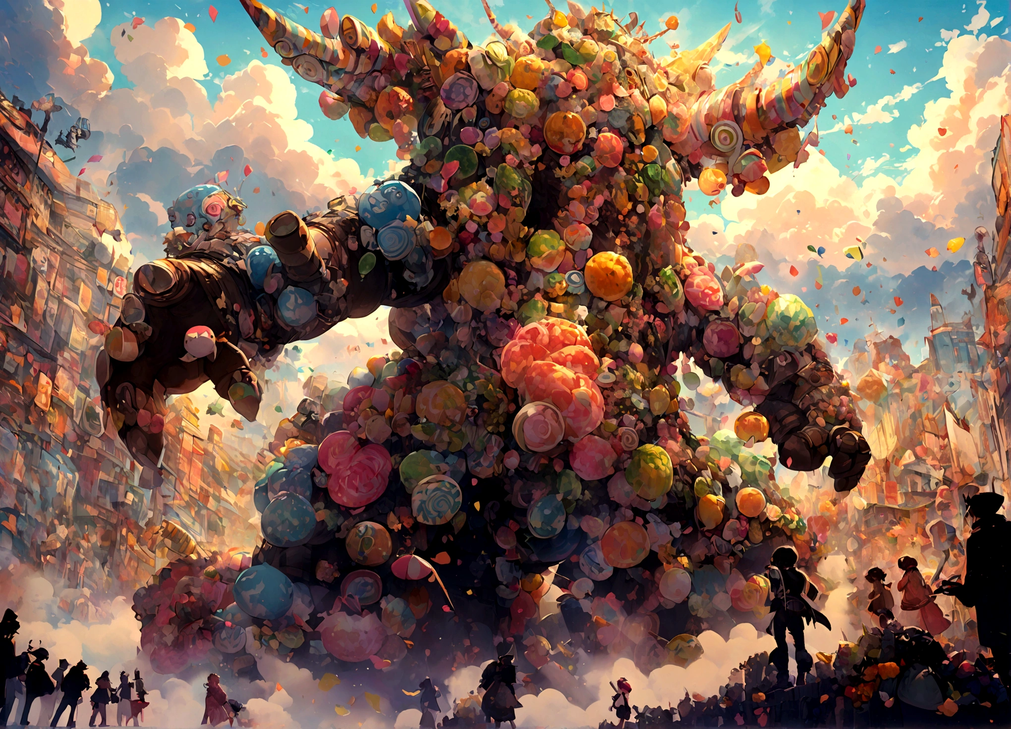 Giant Kaiju made of bright bits of fruit salad battle in a candy land Tokyo, Steam Punk styling