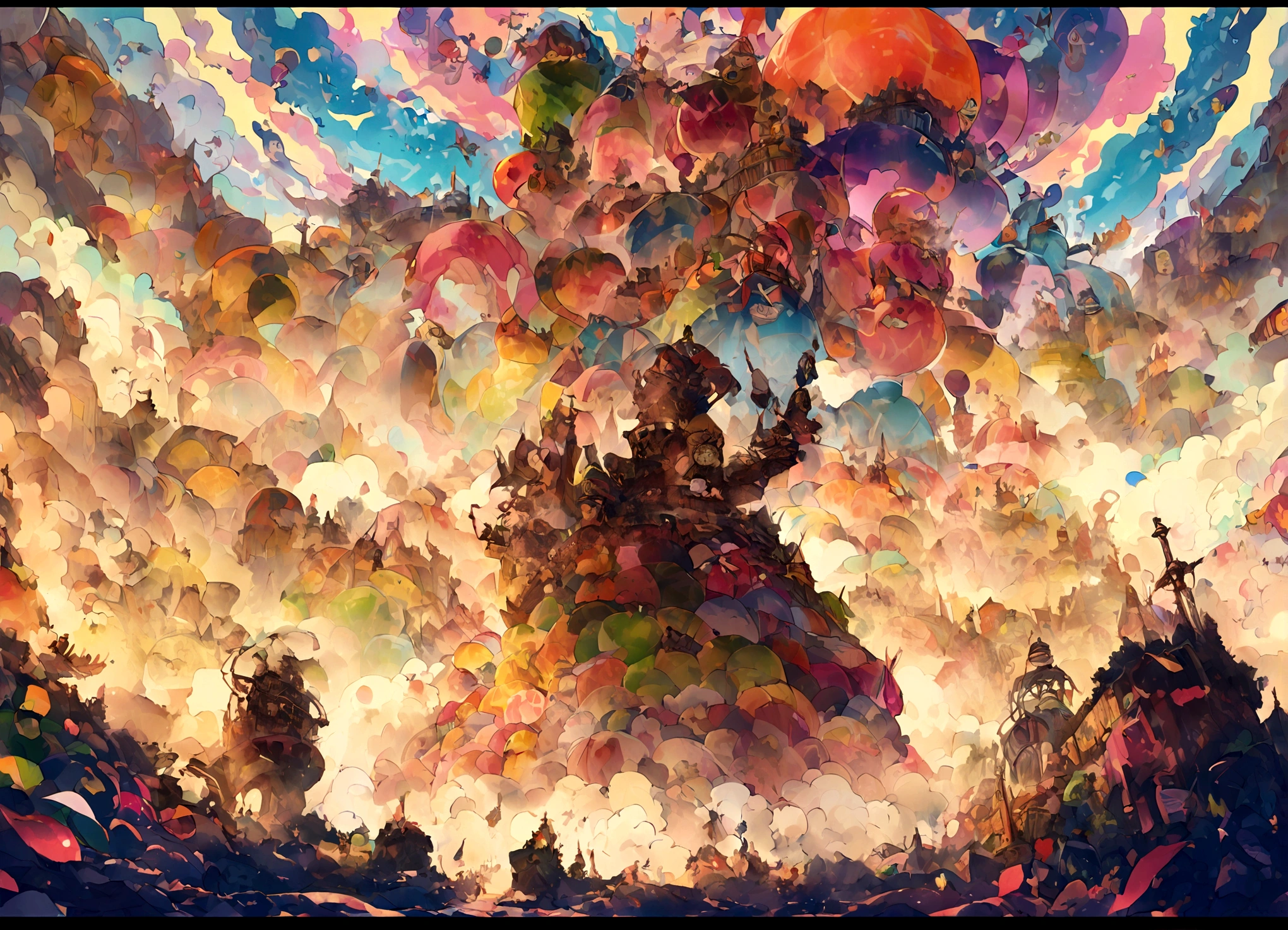 Giant Kaiju made of bright bits of fruit salad battle in a candy land Tokyo, Steam Punk styling
