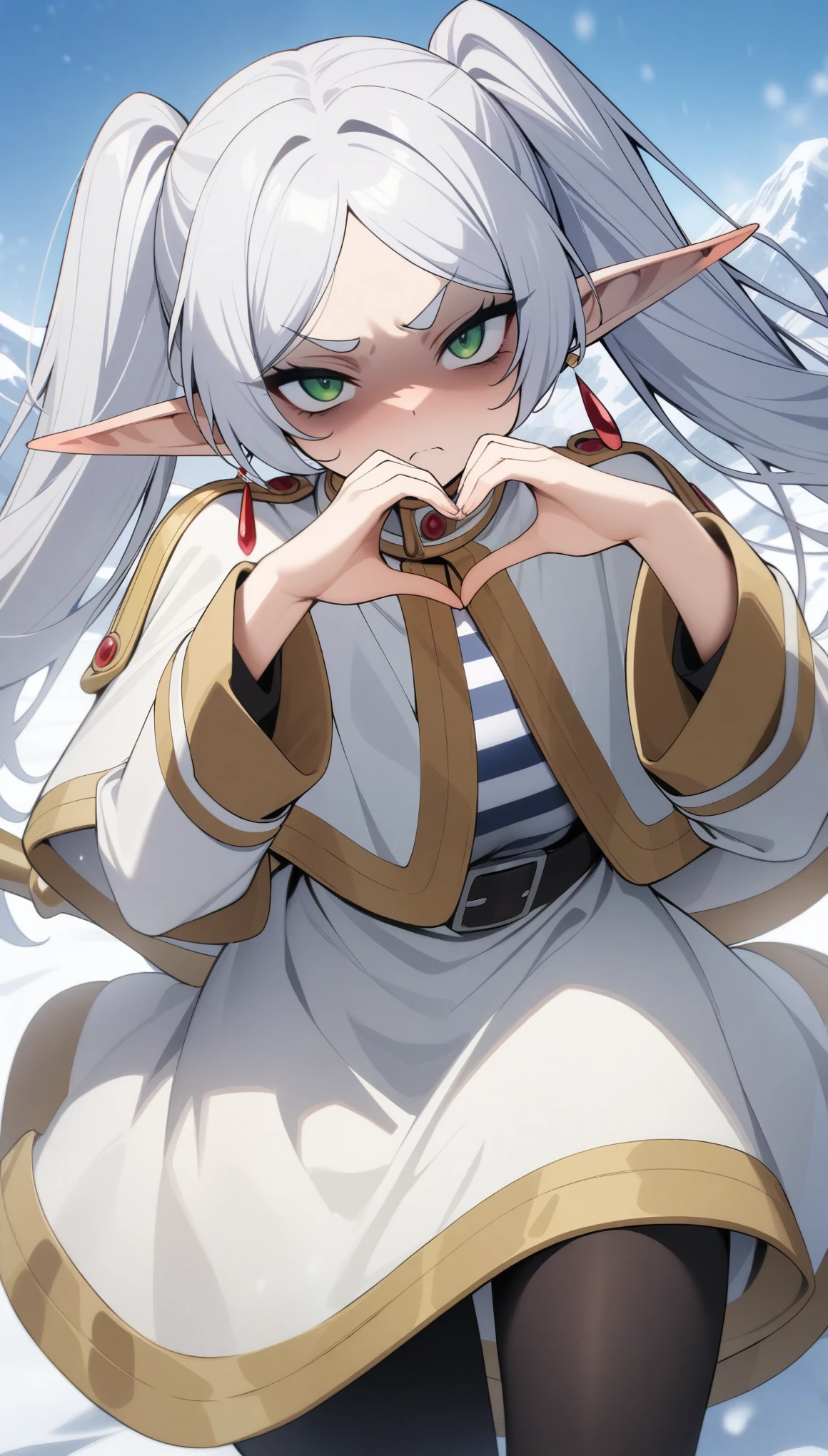 masterpiece, best quality, very aesthetic, absurdres, newest,1girl,upper body, (contempt, disgust,shaded face,looking at viewer,frown),heart-shaped gesture,,frieren,sousou_no_frieren,capelet, dangle_earrings, drop_earrings, earrings, elf, green_eyes, grey_hair,jewelry, long_hair, long_sleeves,pantyhose, parted_bangs, pointy_ears, shirt, sky, solo, staff, striped_clothes, striped_shirt, twintails, white_capelet, white_hair,,snow land