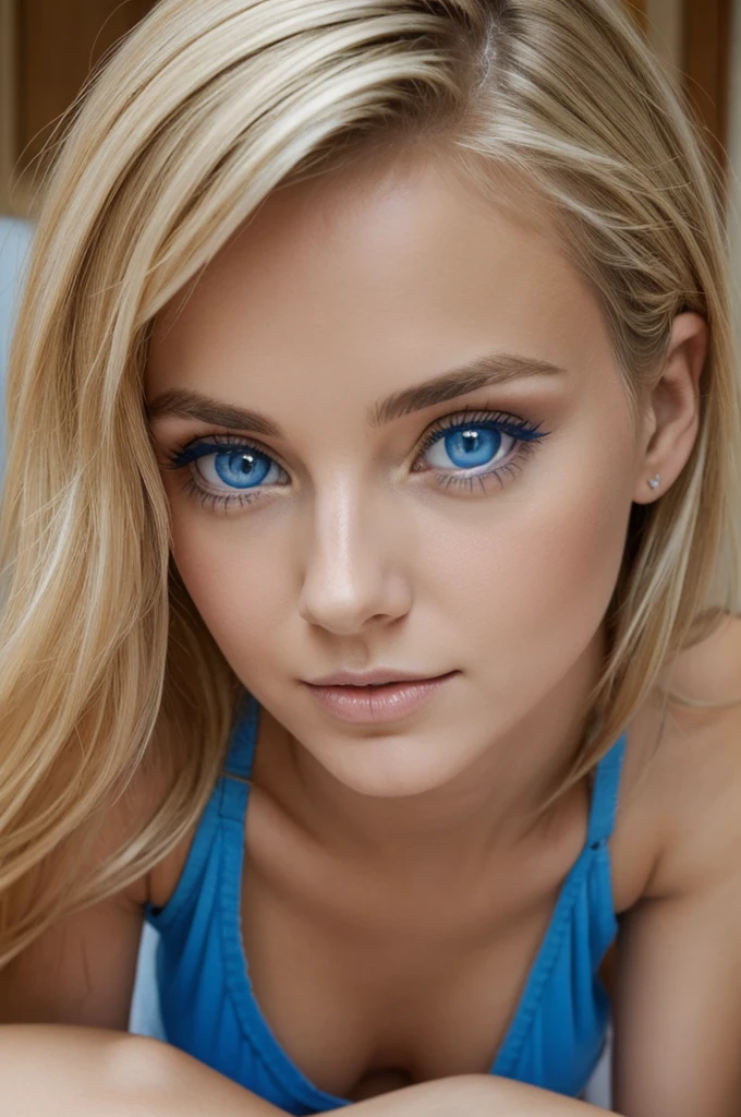 Fille nue mince, blonde au yeux bleu clair,vue entiere, vagin raser bien visible
