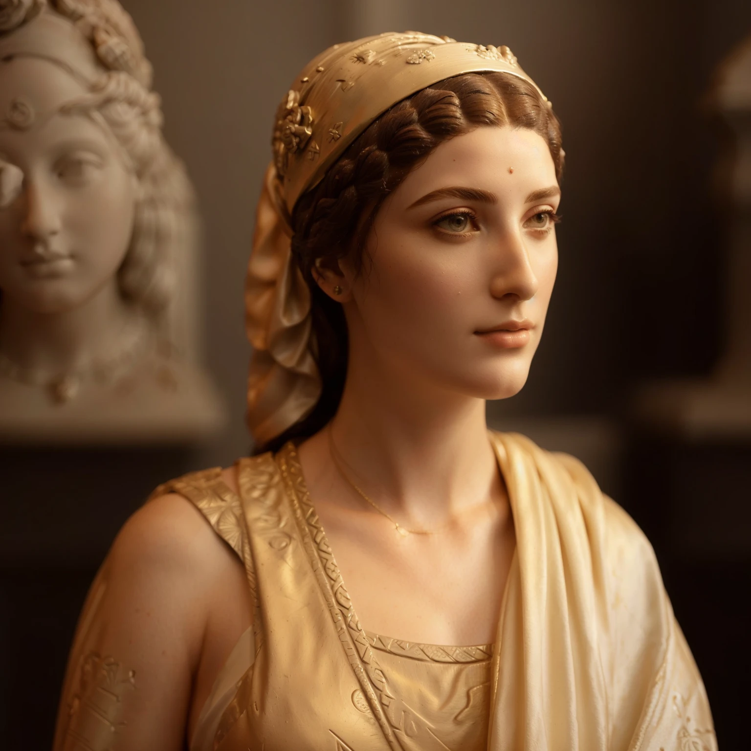 arafed statue of a woman with a head scarf and a necklace, realistic 8k bernini sculpture, portrait of helen of troy, sculpture of persephone, portrait of cleopatra, portrait of artemis, portrait of megara, dressed in roman clothes, portrait of age aphrodite, the goddess hestia, cleopatra portrait, neoclassical portrait, greek godness portrait sculpture