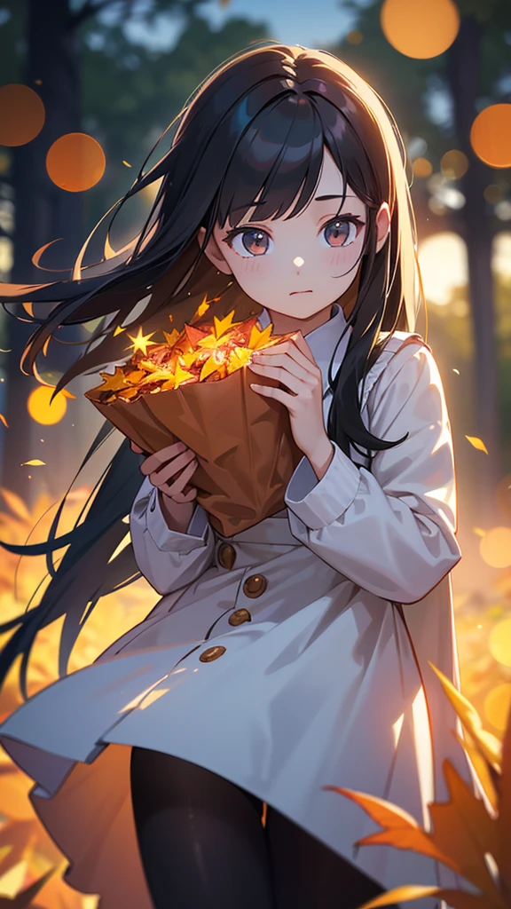 1girl, , white uniform, long black hair, semi-long hair, autumn foliage, roasting sweet potato, shy expression, falling autumn leaves, nostalgic atmosphere, best quality, 4k, 8k, highres, masterpiece:1.2, ultra-detailed, realistic, photorealistic, photo-realistic:1.37, HDR, UHD, studio lighting, ultra-fine painting, sharp focus, physically-based rendering, extreme detail description, professional, vivid colors, bokeh, portraits