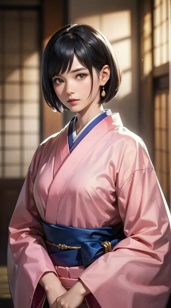 (Realistic)、(Realistic:1.2)、(High resolution)、Very detailed、Very beautiful face and eyes、1 girl、Delicate body、(highest quality、Attention to detail、Rich skin detail)、(highest quality、8k、Oil paint:1.2)、Very detailed、(Realistic、Realistic:1.37)、Bright colors、Full Body Shot,black_hair, Beautiful 8k eyes,Looking_in_Audience,One person in,Are standing,((Very beautiful woman, Fuller lips, Japanese pintern kimono))、((Colorful Japanese kimono)))、(((blackhair)))、(((Blunt bung，short hair)))、((( Inside an old Japanese house with a (short focus :1.4),)))、(masterpiece, highest quality, highest quality, Official Art, beautifully、aesthetic:1.2),(Fractal Art:1.3),Sengoku period、Greg Rutkowski Written by Alphonse Mucha Ropp,short ,uchikake,nishijin ori,(realistic light and shadow), (real and delicate background),(muted colors, dim colors, soothing tones:1.3), low saturation, (hyperdetailed:1.2), (noir:0.4),drow,blurry_light_background, (vibrant color:1.2), cinematic lighting, ambient lighting,Single Shot,Shallow Focus,pink lip,blurry light background,