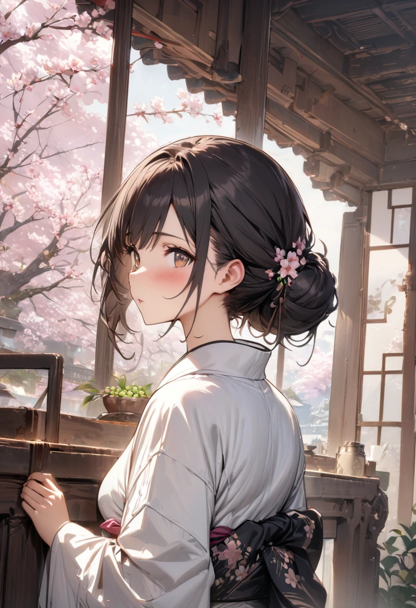 (concept art)),(masterpiece:1.2),(best quality:1.2),(masterpiece, best quality, ultra-high resolution), (1girl), Shiny black hair in high bun, dark brown almond-shaped eyes, fair skin with natural blush, white cotton yukata with pink and green cherry blossoms, pale pink obi tied in the back, serene and gentle.