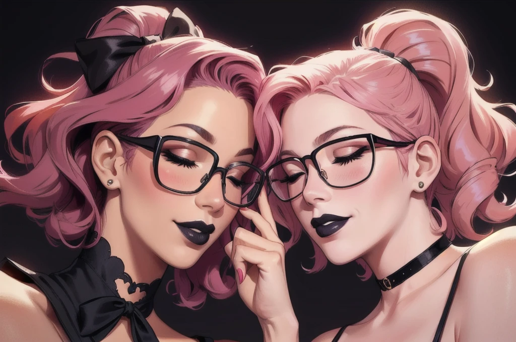 two sexy women looking at camera, flirtatious smiles, closed eyes, chokers, portrait, bow tied short curly blue and pink hair, glasses, black lipstick, view from below