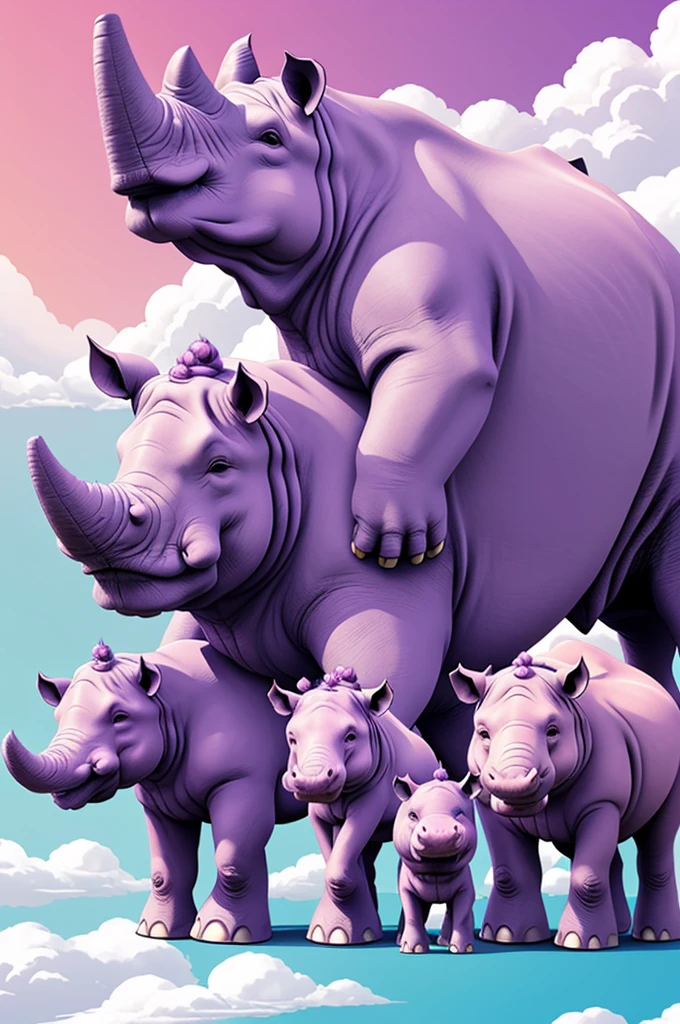 Create an anime style, a chubby purple hippo, and white cute rhino and a pink elephant with cute little tusks traveling . Not fused together