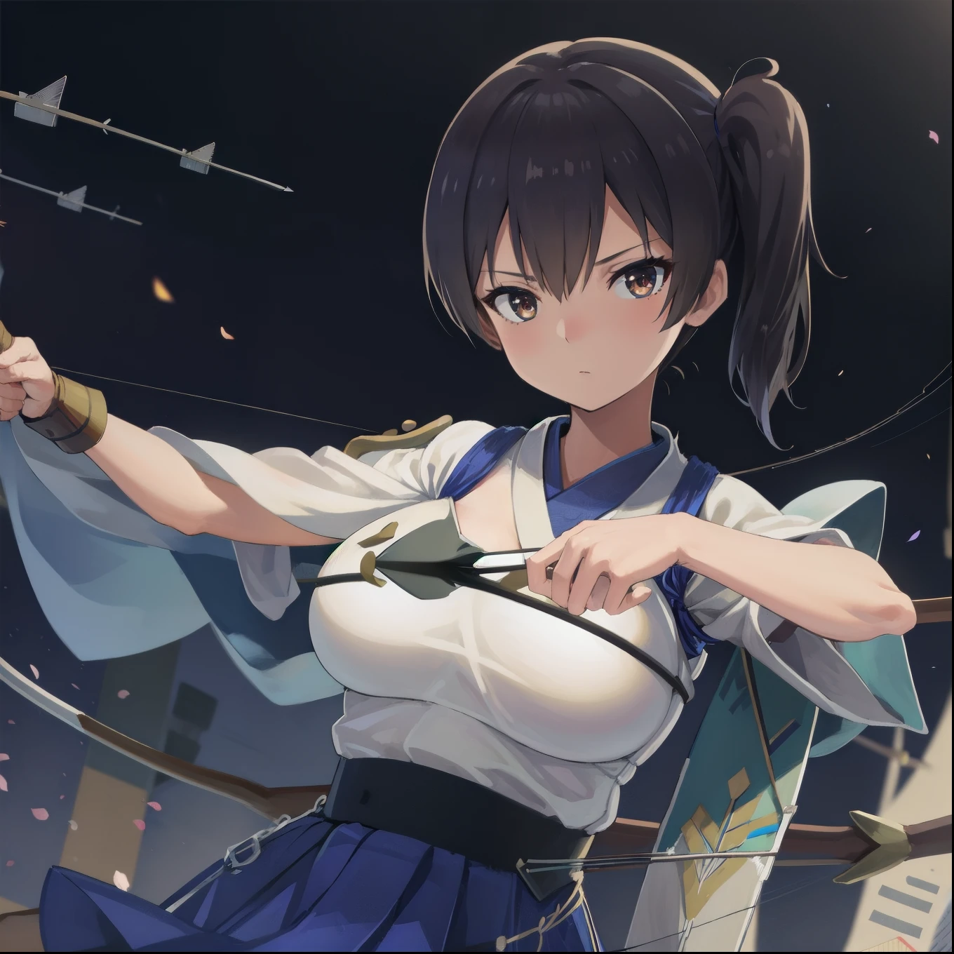 Kaga(Fleet Collection),highest quality, masterpiece, High resolution,kimono,blue skirt,side ponytail,big_breasts,solo,Japanese_bow&arrow,dynamic_posing,half_eyes,solo