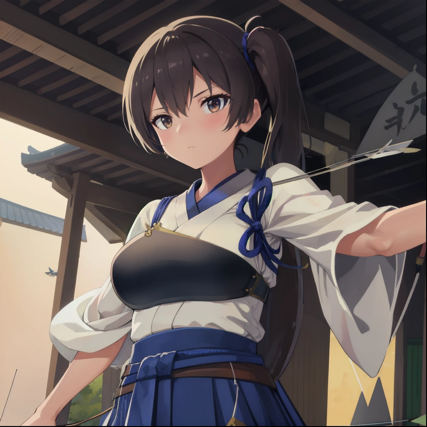 Kaga(Fleet Collection),highest quality, masterpiece, High resolution,kimono,blue skirt,side ponytail,big_breasts,solo,Japanese_bow&arrow,dynamic_posing,half_eyes,solo