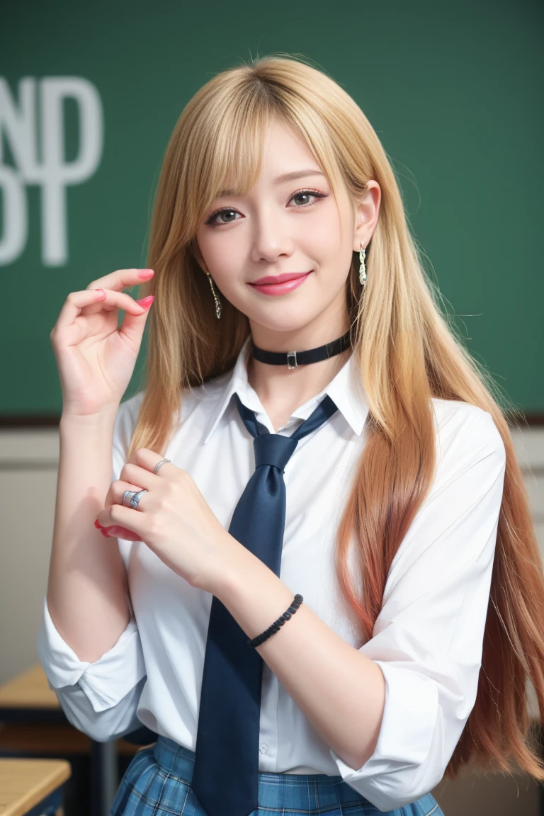 best quality,tmasterpiece,Ultra-high resolution,Clear face,(Reality:1.4), ferpect lighting,(upper body photo:1.5), (photorealistic:1.30), anime wallpaper, Guviz style artwork, close -cover fantasy to magic, by Yang J, Guviz, beautiful artwork illustration, beautiful digital artwork, beautiful digital illustration, Li Song, beautiful anime portrait, art style at Beauvot, kitagawa marin, 1girl, blonde hair, long hair, multicolored hair, red eyes, jewelry, earrings, piercing, , white shirt, tied shirt, black choker, blue necktie, plaid skirt, indoors, inside, classroom, open smile, pose, desks, Glowing skin,