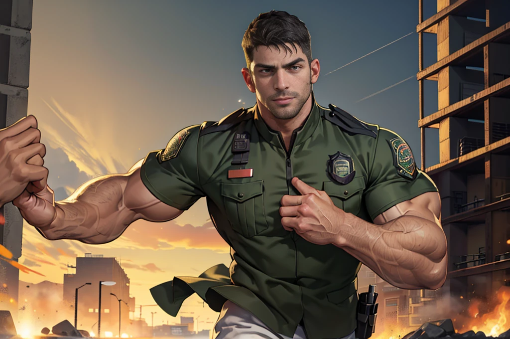 (Create a masterpiece: 1.2),(CGI art:1.3),(realistic:1.5),(After processing:1.3),(Sharp focus:1.3),1 man , straight, front ,Chris Redfield ,(black hair), smile, (Wear color olive green  uniform with a Police badge: 1.2), olive green cargo, Korean guy , korean men, (High gloss details), chest muscles, large arm muscles, blood vessel, Big muscles, Broad shoulders, looking at the audience, Balancing the eyes, middle of the road,(Run and fight:1.6)