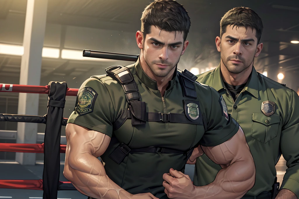 (Create a masterpiece: 1.2),(CGI art:1.3),(realistic:1.5),(After processing:1.3),(Sharp focus:1.3),1 man , straight, front ,Chris Redfield ,(black hair), smile, (Wear color olive green uniform with a Police badge: 1.2), olive green cargo, Korean guy , korean men, (High gloss details), chest muscles, large arm muscles, blood vessel, Big muscles, Broad shoulders, looking at the audience, Balancing the eyes, middle of the road,(Run and fight:1.6)