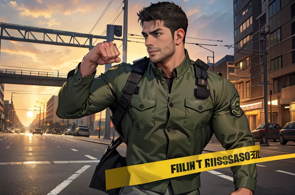(Create a masterpiece: 1.2),(CGI art:1.3),(realistic:1.5),(After processing:1.3),(Sharp focus:1.3),1 man , straight, front ,Chris Redfield ,(black hair), smile, (Wear color olive green  uniform with a Police badge: 1.2), olive green cargo, Korean guy , korean men, (High gloss details), chest muscles, large arm muscles, blood vessel, Big muscles, Broad shoulders, looking at the audience, Balancing the eyes, middle of the road,(Run and fight:1.6)