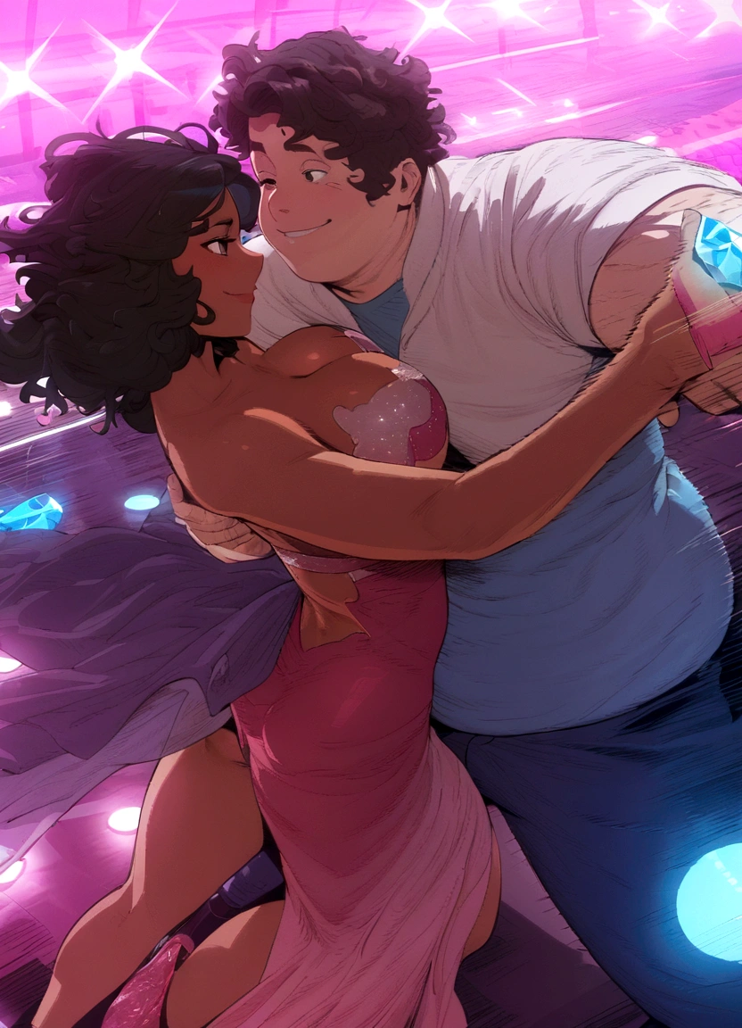 Hdr, masterpiece,4K, ray tracing, best quality, 1boy, 1girl, steven quartz universe, connie maheswaran,  face to face,enamored couple, passionate sensuality, nightclub background, erotic dancing, couple focused,  couple dancing together, highly-detailed animation, beautiful aesthetic, detailed smooth textures, motion lines,  incredible absurdres,  sharp gradients, deep highlights,  unreal engine,  incredibly detailed,  dynamic lighting, carnality,
dynamic perspective,  dynamism, brilliant shading, sensual  shadowing,  sensuous atmosphere,  intricate fabric details, amazing skin, perfect hands, perfect, perfect eyes,  steven quartz universe, age 23, fat man, handsome, wavy black hair, strongman waist, deep brown eyes, round face,  urban masculine rave outfit, connie maheswaran,  age 22, salacious rave girl, blue fire decal urban  rave minidress,  perfect square physique,  beautiful detailed black eyes, flowing, shining, wavy black hair, toned,  wide hips, firm chest, hypnotic hips, salaciously smiling, looking over shoulder