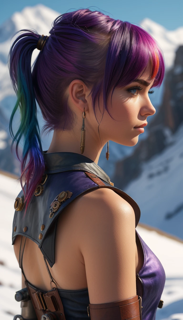 Full Back view, (photo_(medium):1.2), by Antonio J. Manzanedo, by Jeremy Lipking, 1girl, stand back to viewer, looking at viewer, (photorealistic:1.2), hyperrealistic, photorealism, close-up, head and shoulders, purple hair with rainbow streaks, short hair, ponytail, bangs, blue eyes, friendly, eyelashes, steampunk, sleeveless, subsurface skin scattering, snowy mountain background, symmetry, depth of field, 8k, vfx, hdr, rtx