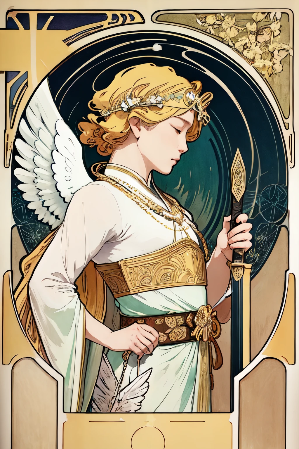 (Art Nouveau:1.25), Angel、White Feather、Maximalism art style,Neon Theme,Suprematism,beautiful detailed beautiful detailed ,Super detailed,,超high quality,,,Beautiful colors,knight,Attention to detail, high quality,Backlight、Upper Body ,high quality,、Upper Body, Hold the sword in both hands、(Put on Armor 1.2)、Landscape、Close ~ eyes