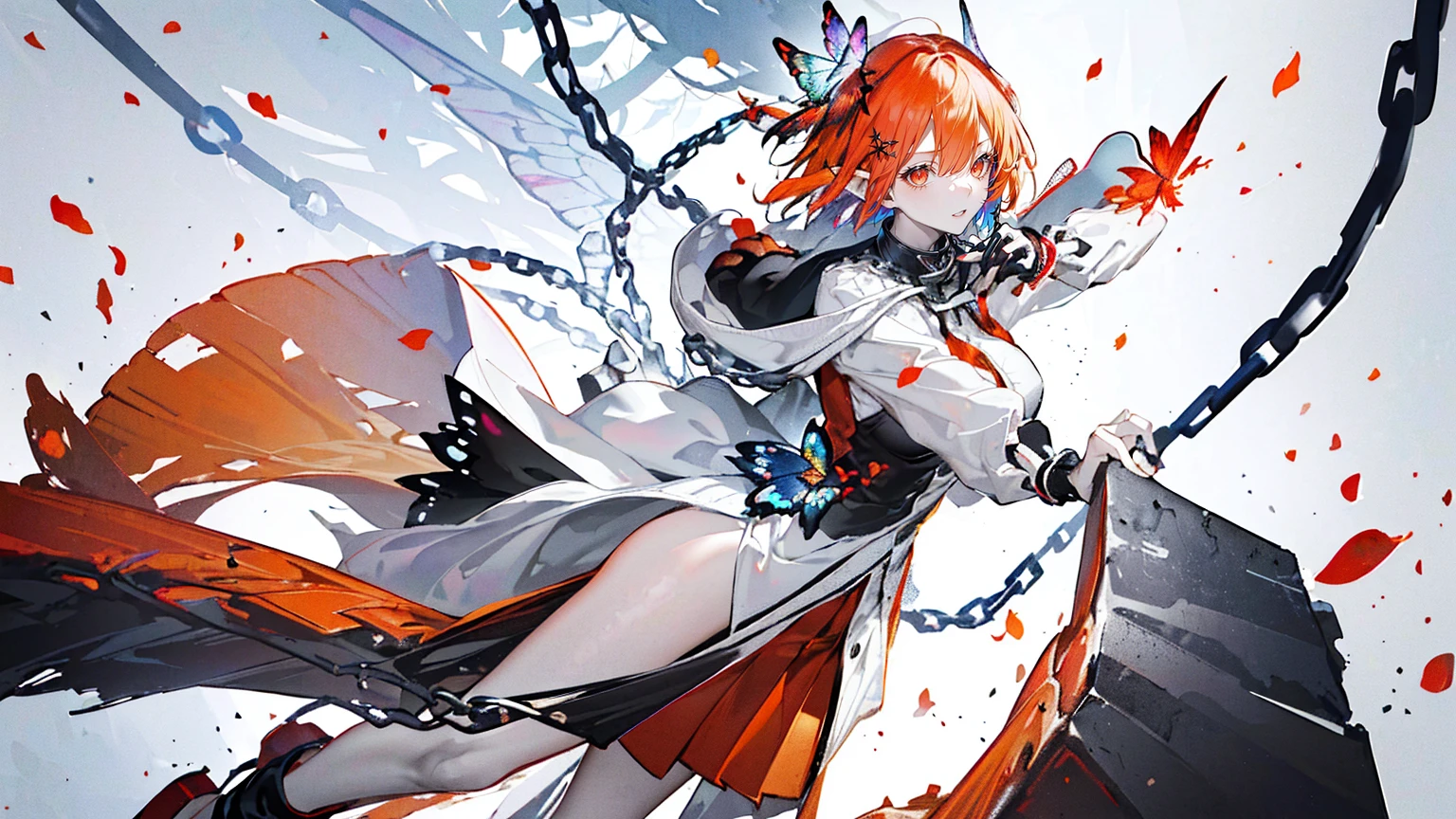 (Super detailed)),((illustration))，((masterpiece)),(((need))),((fine、Highest quality CG Unity 8K wallpapers，masterpiece），（（4k，masterpiece，best quality）），Woman with short orange hair，Rainbow eyes，Tall，Sexy body，Big breasts，Pointed ears，Elf，cold，In an empty dream，Black and White，Black and White相间的女仆装，Black shoes，Under the skirt is decent clothing，Hanging red-hot chains in the air，Chains sticking out from the ground，Tied by chains，There are fallen leaves under my feet，Colorful butterflies，Colorful wings，Standing in the middle，Chains on hands，Red leg ring，Red collar，A rainbow across the sky，Red heart hanging from a chain，Full body picture