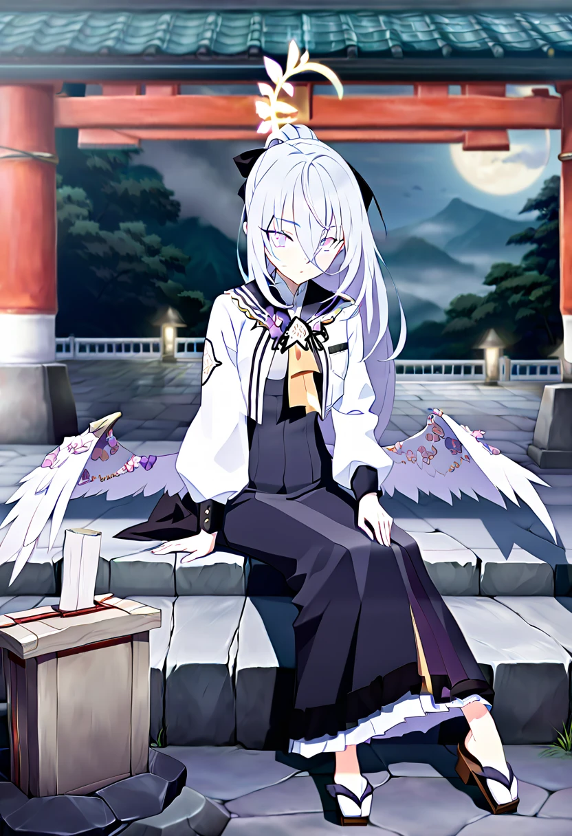 azusa \(blue archive\), silver_hair,purple_eyes,2_white_wings,halo,beautiful_hair,beautiful_eyes,beautiful_wings,1_beautiful_girl,cute_face,beautiful_face,beautiful,best_quality,good_anatomy,red_hakama,white_japanese_tops,geta,ponytail,red_ribbon,japanese_shrine,very_deep_fog,torii,best_quality,beautiful