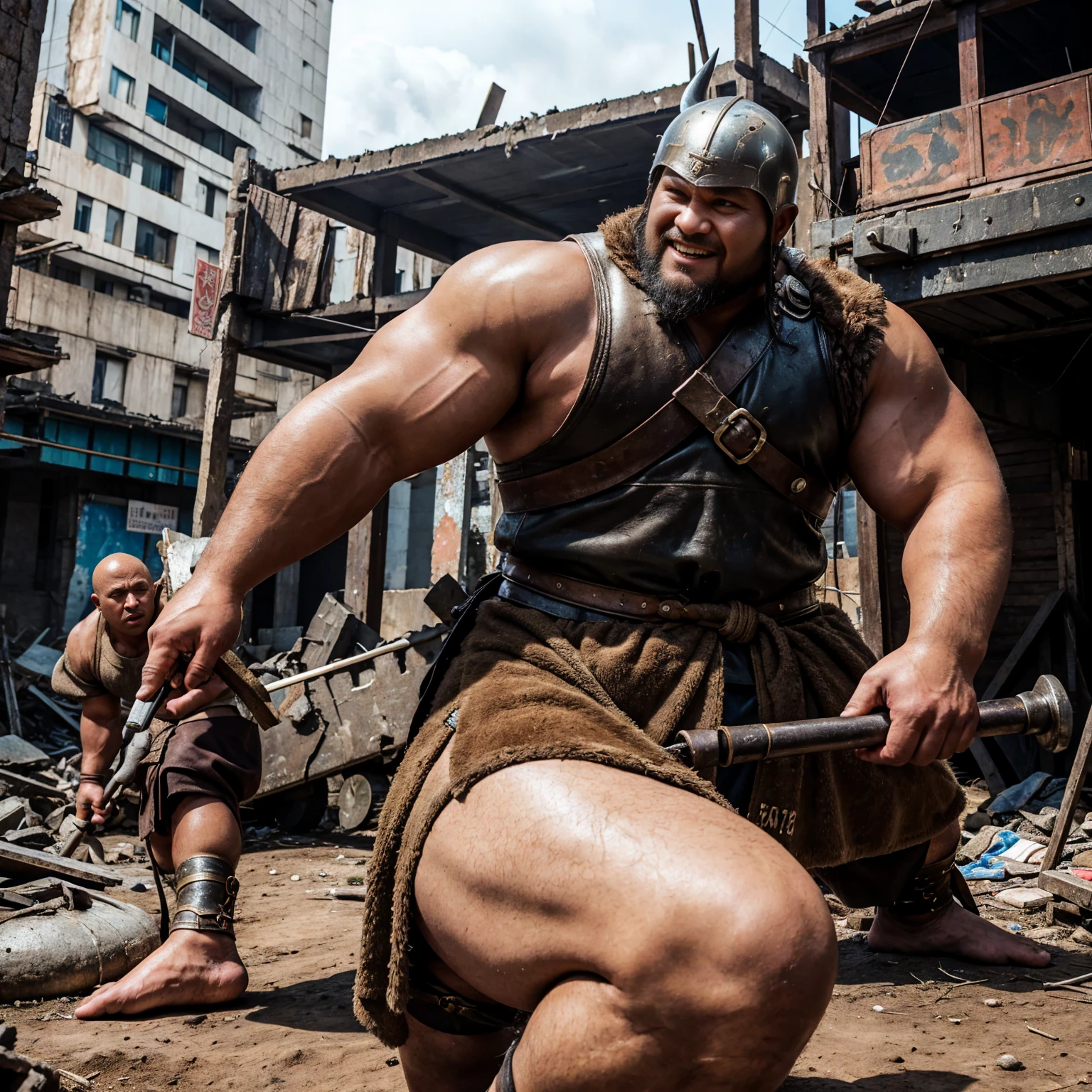 looking at us, shoot from front, face focus, Bandit, Fat ferocious barbarian:2, This barbarian is a robust stocky Japanese, smirking, mid combat, intense battle scene, leather and iron armor, armored short skirt, holding a Viking War Axes, legs exposed from thighs to feet, fierce warriors, ancient battlefields, epic showdown, battleground background, masterpiece, volumetric lighting, Dramatic, Uighur the Warden, breathtaking action, dynamic poses, bald, ((ultra sharp)), ((masterpiece)), ((best quality)), ((ultra detailed)), ((intricate details)), Inguinal region detailed, Dilapidated, breathtaking action, destroyed city after big air raids, A desolate, post-apocalyptic cityscape, A brutal scene, lets out a yell, casting an ominous shadow, He is ejaculating semen, 