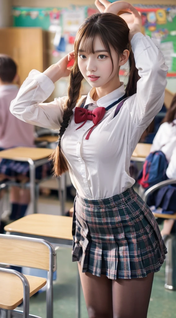 Highest quality、highest quality、Highly detailed figure、Highly detailed face、Highly detailed eyes、Highly detailed nose、Highly detailed facial expressions、Highly detailed full body、Being in reality、16-year-old girl、The gay bully、、Sneer、 hairstyles、Bangs、Back ponytail、High 、White shirt、Uniform skirt、Close to the skin、Tight、High school student plaid skirt、16 year old girl's breasts、Full body photo、Are standing、Emphasizes the beauty of thigh muscles、Full body photo、black tights、School classroom
