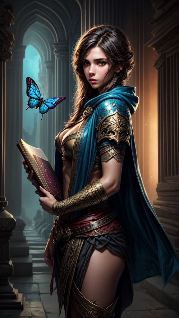 Speed painting of portrait of a fantasy female brunette human adventurer, with a blue hood, in a temple, D&D character, holding with both hands a large magic book with butterfly on the book cover