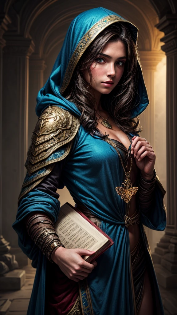 Speed painting of portrait of a fantasy female brunette human adventurer, with a blue hood, in a temple, D&D character, holding with both hands a large leather bound book with butterfly on the book cover