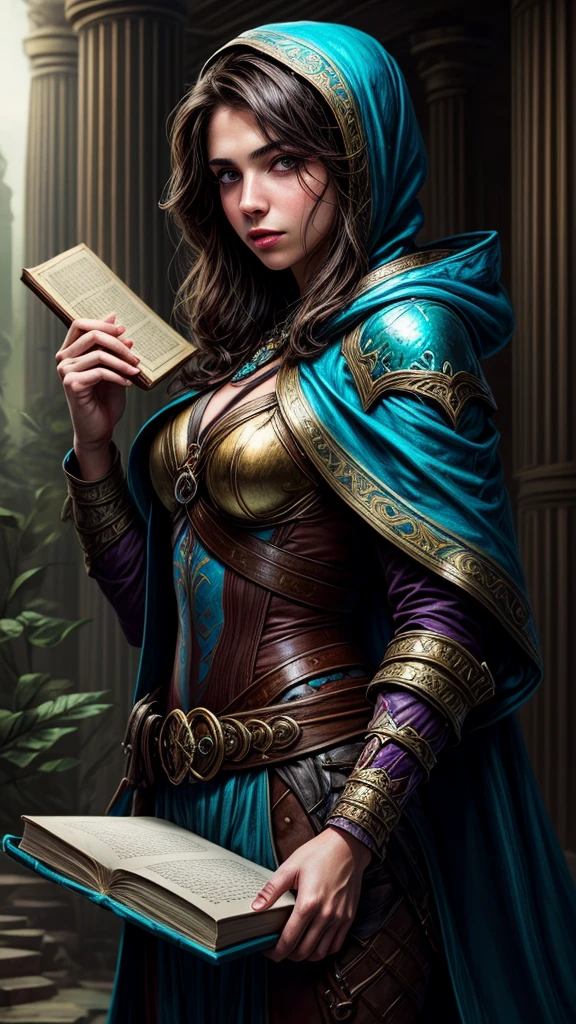 Speed painting of portrait of a fantasy female brunette human adventurer, with a blue hood, in a temple, D&D character, holding with both hands a large magic book with butterfly on the book cover