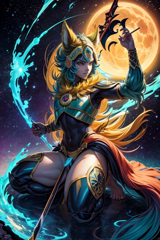 niji mode, a secret agent bear man warrior, full body, human face, with bright delicate tribal punk tattoos and bear ears, using a long spear, a modern and stylish fine suit, vibrant and bright cosmos, hairy young man, with ethereal demeanor and devilish, his features bathed in the lunar glow. His skin, orange and bluish green, reflecting like a mirror, the starry night. Within its captivating gaze, galaxies swirl, vibrant hues of cosmic dust and celestial wonders painting a mesmerizing tapestry in shades of green. a wild touch to his captivating gaze. His presence evokes a feeling of pride, a realm where darkness and beauty intertwine. As his presence draws attention, The enigmatic allure of this figure captivates the imagination, inviting contemplation of the hidden depths that lie beneath his captivating gaze, Studio ghibli, metal hurlant, traces of ancient anime. Wide scene, with several layers of depth, dynamic, cinematic.