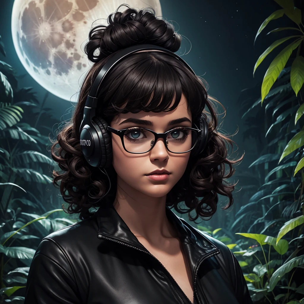 dark night at Amazon dense rainforest, podcast logotype, brunette, curly hair with bangs, young podcaster chubby woman wearing headphones with dark clothes, with dark heavy makeup, wearing glasses, podcast retro radio microphone, shadows in the background, Amazon Rainforest fauna, horror, mystical, 1970's art style, wide screen, high quality, moon behind, scary, horror, dark scenario, ghosts, evilish creatures on the back.