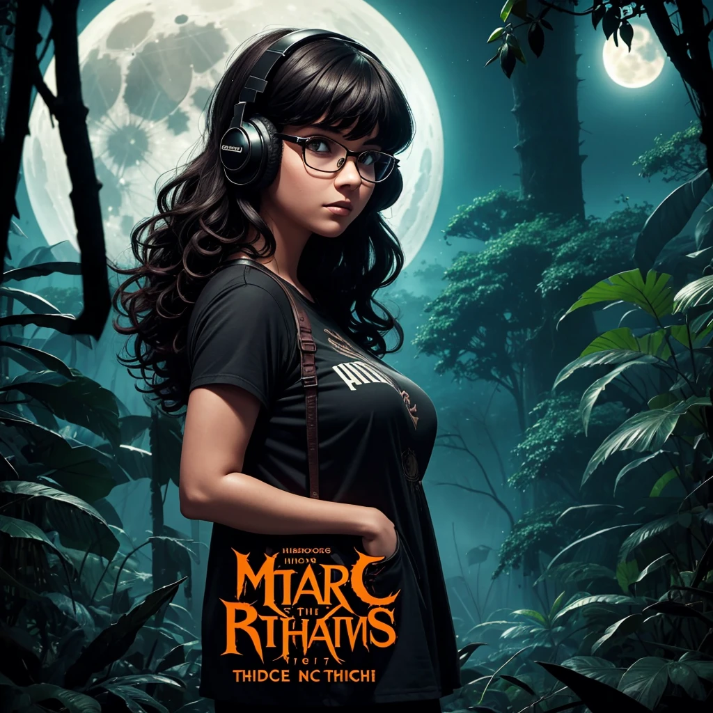 dark night at Amazon dense rainforest, podcast logotype, brunette, curly hair with bangs, young podcaster chubby woman wearing headphones with dark clothes, with dark heavy makeup, wearing glasses, podcast retro radio microphone, shadows in the background, Amazon Rainforest fauna, horror, mystical, 1970's art style, wide screen, high quality, moon behind, scary, horror, dark scenario, ghosts, evilish creatures on the back.