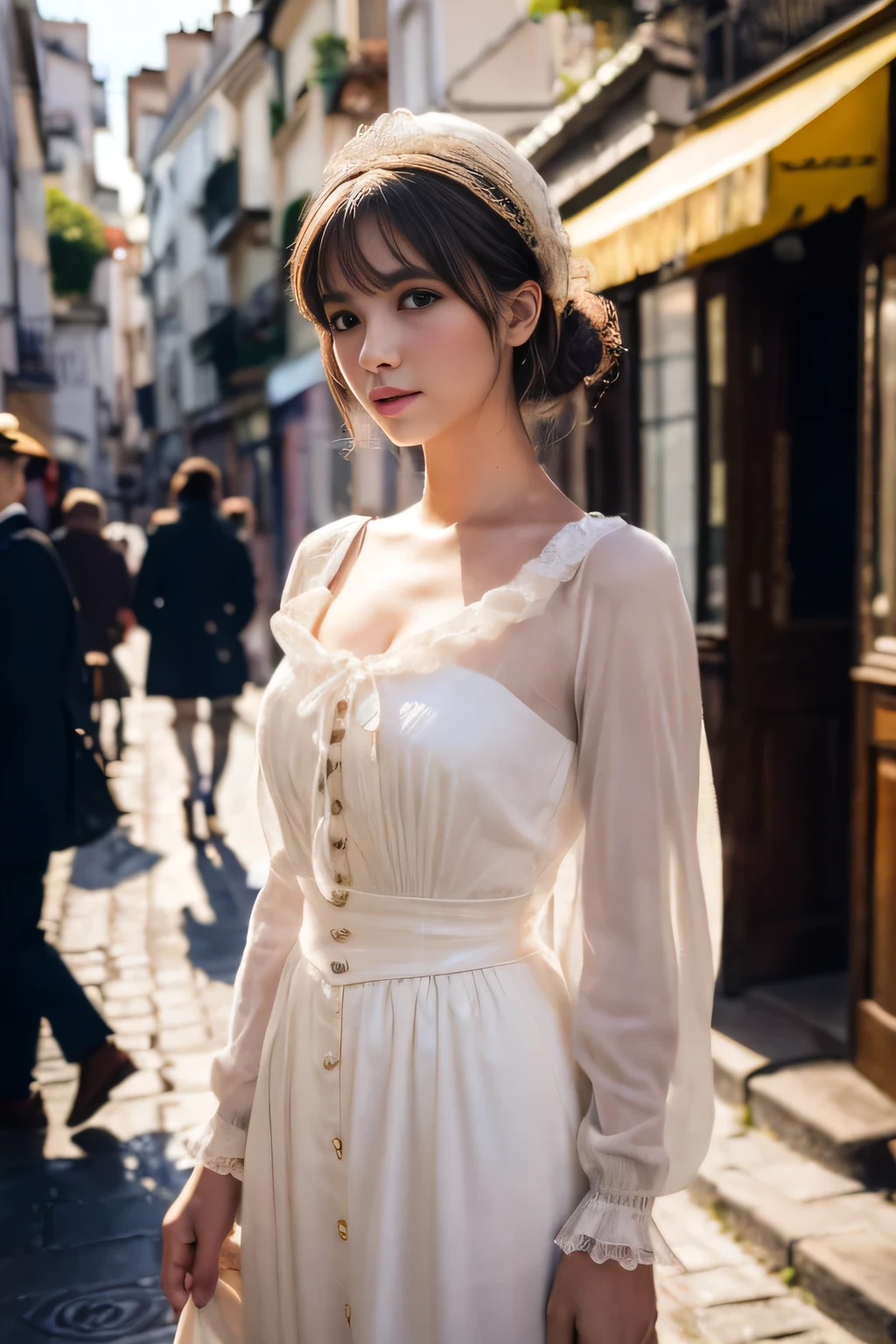((masterpiece:1.4, highest quality)), (Realistic photos:1.4),
((1 girl)), (Otherworldly beauty), (dream-like),
(超High resolution:1.2), Very delicate and beautiful, wonderful, Very detailed CG Unity 8k wallpaper, Very detailed, High resolution,
Soft Light, Beautiful detailed girl, Very detailedな目と顔, Beautiful and detailed nose, Beautiful and detailed,
(Dressed in late 19th century French costume:1.3),
Cinema Lighting, Perfect Anatomy, Slender body, (Parted bangs),
(Impressionist portrait of a beautiful girl), (Standing on a street in Montmartre at the end of the 19th century:1.3), (evening), (after the rain), (Reflection of the sunset), (Impressionist light and colour),
Cowboy Shot