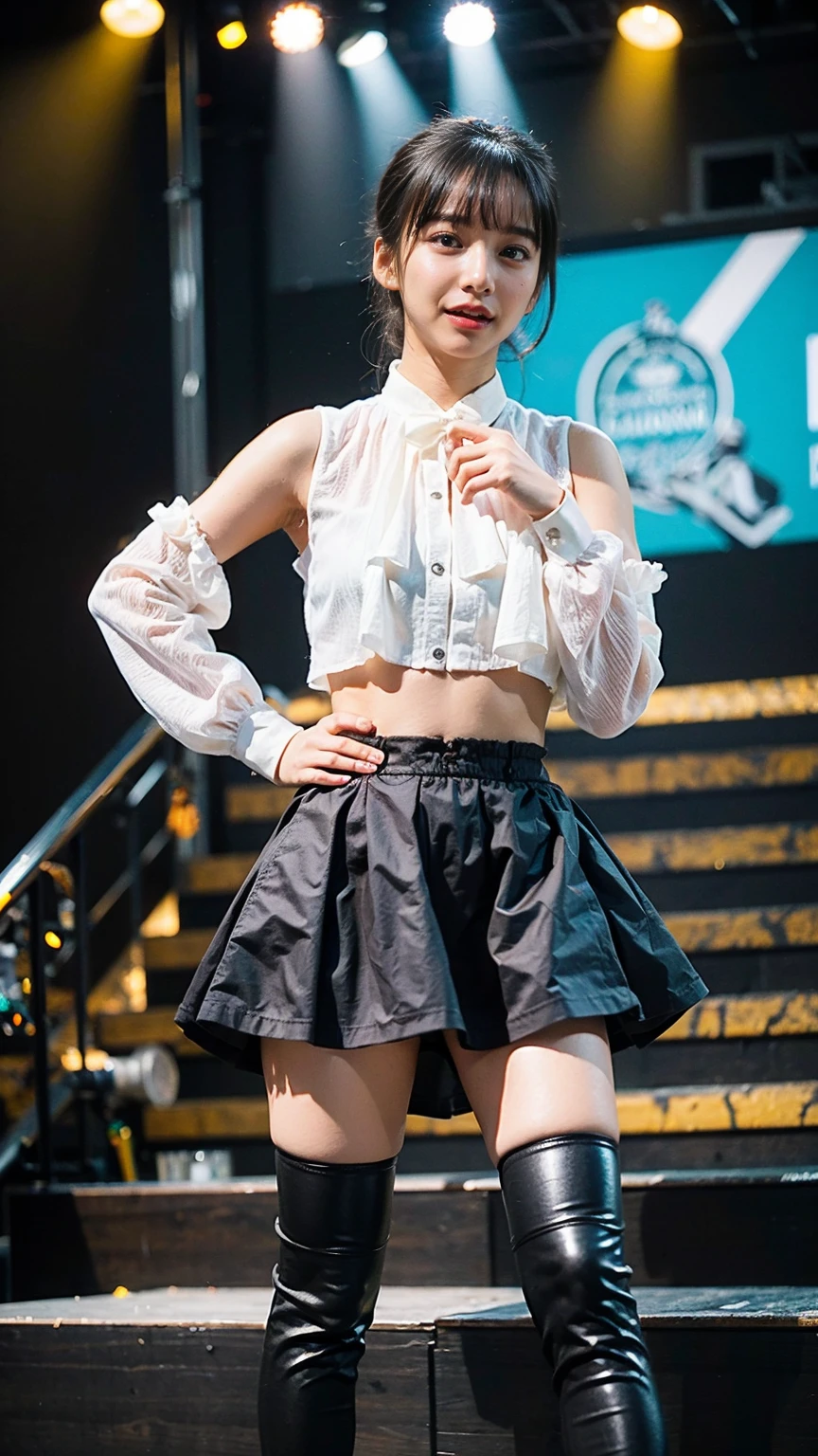 (8k、RAW Photos、highest quality、masterpiece:1.2)、(Realistic、Realistic)、1 girl、((Frilled mini skirt、Big Breasts、Black and White、See through、belly button、boots、No sleeve、stage、Spotlight、View from the front、Stand with hands on hips))、