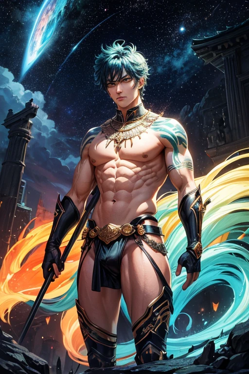 niji mode, a secret agent bear man warrior, full body, human face, with bright delicate tribal punk tattoos and bear ears, using a long spear, a modern and stylish fine suit, vibrant and bright cosmos, hairy young man, with ethereal demeanor and devilish, his features bathed in the lunar glow. His skin, orange and bluish green, reflecting like a mirror, the starry night. Within its captivating gaze, galaxies swirl, vibrant hues of cosmic dust and celestial wonders painting a mesmerizing tapestry in shades of green. a wild touch to his captivating gaze. His presence evokes a feeling of pride, a realm where darkness and beauty intertwine. As his presence draws attention, The enigmatic allure of this figure captivates the imagination, inviting contemplation of the hidden depths that lie beneath his captivating gaze, Studio ghibli, metal hurlant, traces of ancient anime. Wide scene, with several layers of depth, dynamic, cinematic.