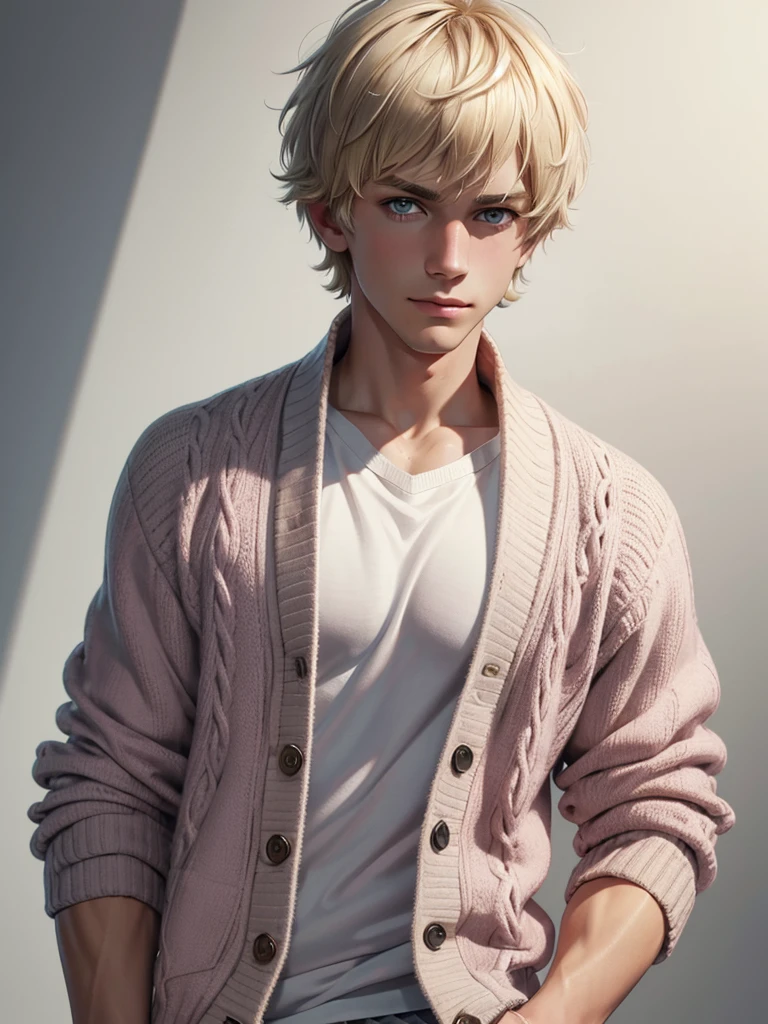 (best quality), 1boy, male, white skin, short hair, blonde hair, shaggy hair cut, grey eyes, perfect eyes, pink cardigan, smug, masterpiece, anatomically correct, highres