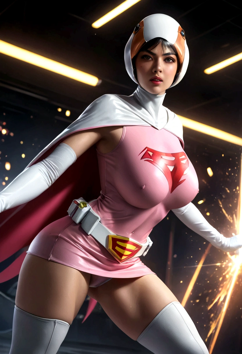 A girl in pink Gatchaman costume, long boots, long gloves, kicking enemies, detailed face, H3JTS, giga_busty, best quality, 4k, 8k, highres, masterpiece:1.2, ultra-detailed, realistic, photorealistic, photo-realistic:1.37, HDR, UHD, studio lighting, ultra-fine painting, sharp focus, physically-based rendering, extreme detail description, professional, vivid colors, bokeh, concept art