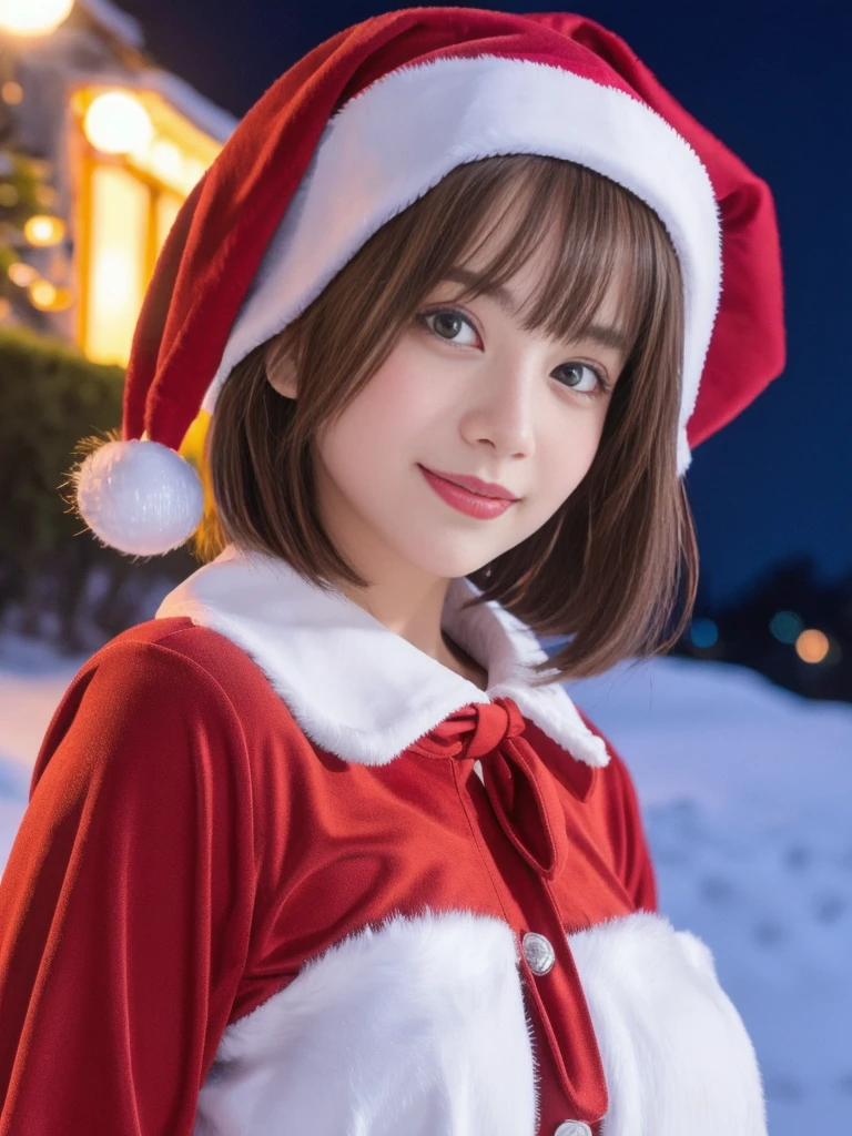 1girl, (santa claus costume:1.5), symmetry, beautiful cute young girl, slender figure, (ultra short hair:1.5), ultra big smile, (Beautiful large round droped detailed eyes:1.0), beautiful detailed lips, extremely detailed face, natural makeup, Incredibly beautiful skin, (best quality,4k,8k,highres,masterpiece:1.75),(ultra-detailed,realistic,photorealistic,photo-realistic:2.0),professional,vivid colors,studio lighting,snowing night town,christmas eve