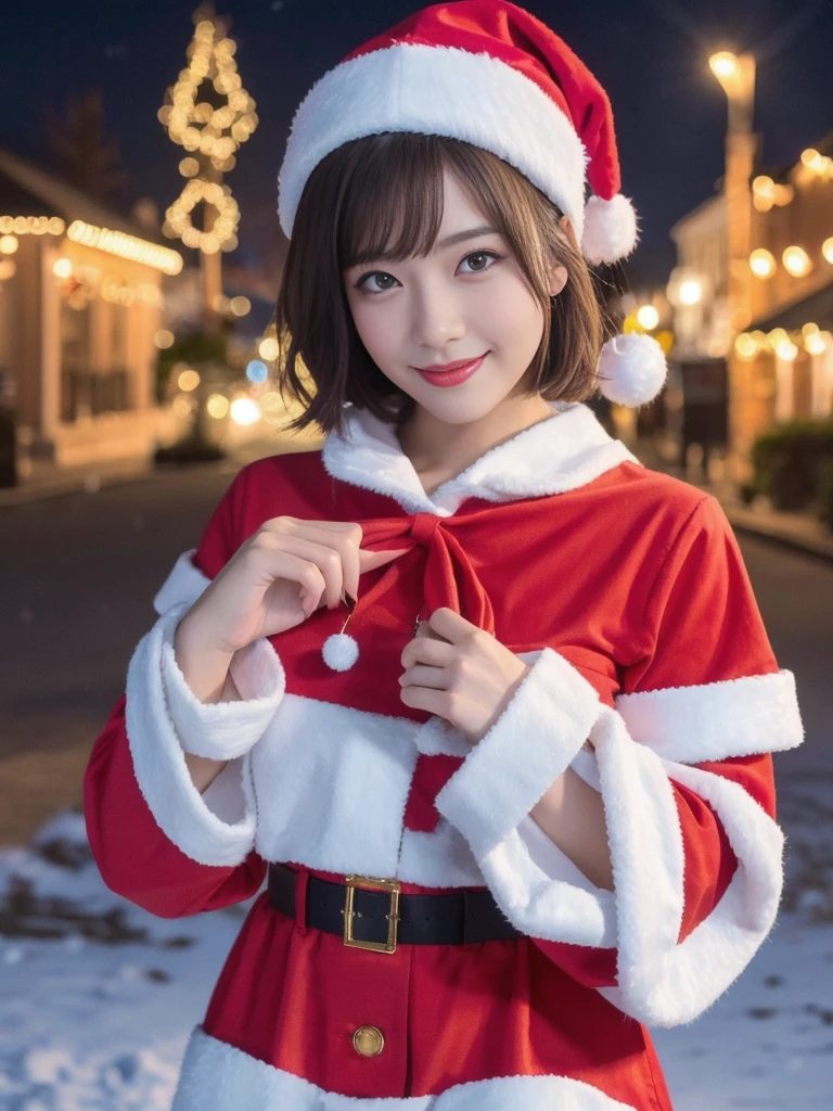 1girl, (santa claus costume:1.5), symmetry, beautiful cute young girl, slender figure, (ultra short hair:1.5), ultra big smile, (Beautiful large round droped detailed eyes:1.0), beautiful detailed lips, extremely detailed face, natural makeup, Incredibly beautiful skin, (best quality,4k,8k,highres,masterpiece:1.75),(ultra-detailed,realistic,photorealistic,photo-realistic:2.0),professional,vivid colors,studio lighting,snowing night town,christmas eve