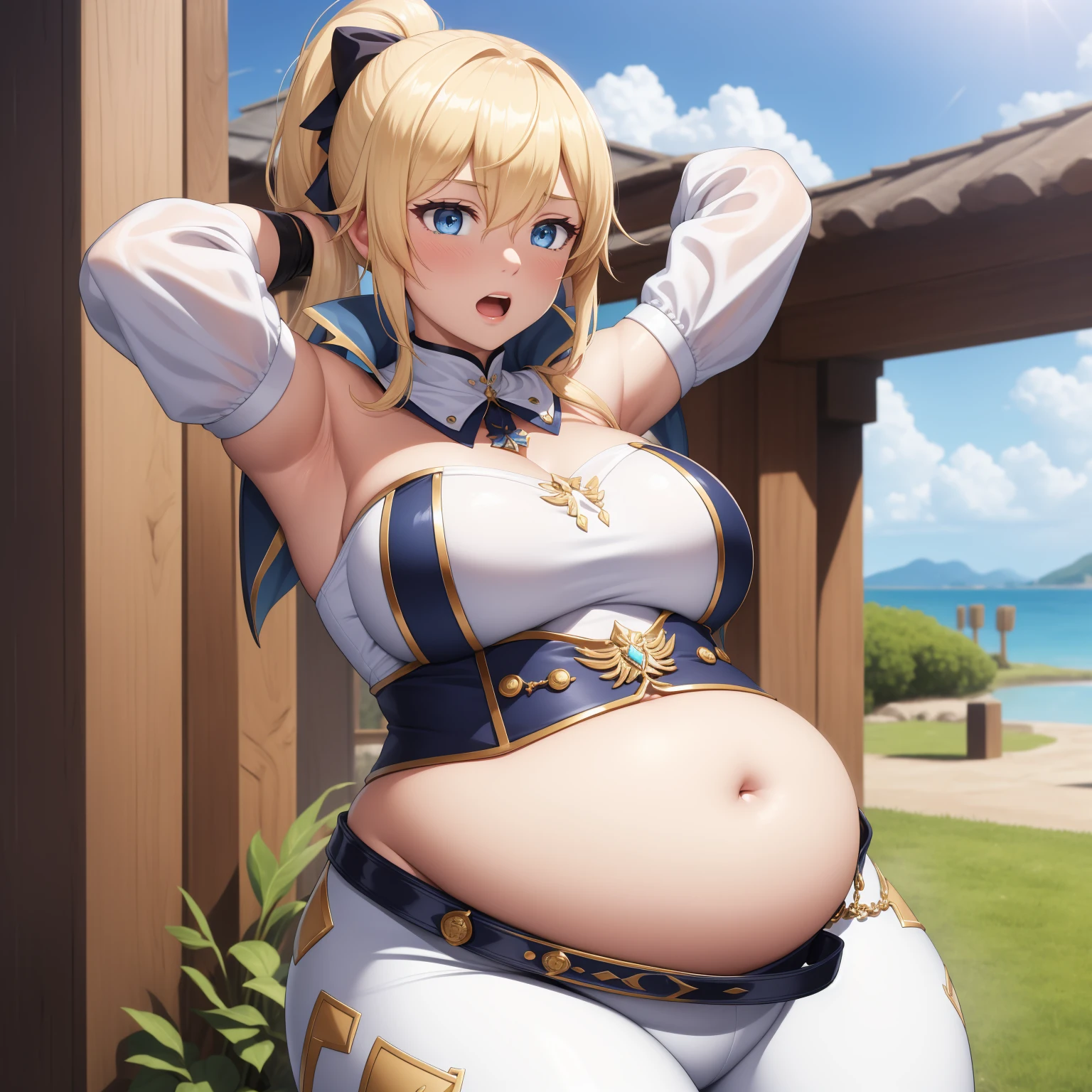 absurdres, highres, (official art, beautiful and aesthetic:1.2), ultra detail, beautiful person, bangs, blue eyes, blonde hair, long hair, hair between eyes, ponytail,
gloves, bow, hair between eyes, ponytail, hair bow, sidelocks, belt, pants, capelet, detached collar, white pants, tight, blue capelet,
wind effect, jean \(genshin impact\), ((big belly, massive belly, chubby, giant belly)), shocked, open mouth, (hands behind head:1.4), (solo:1.5)