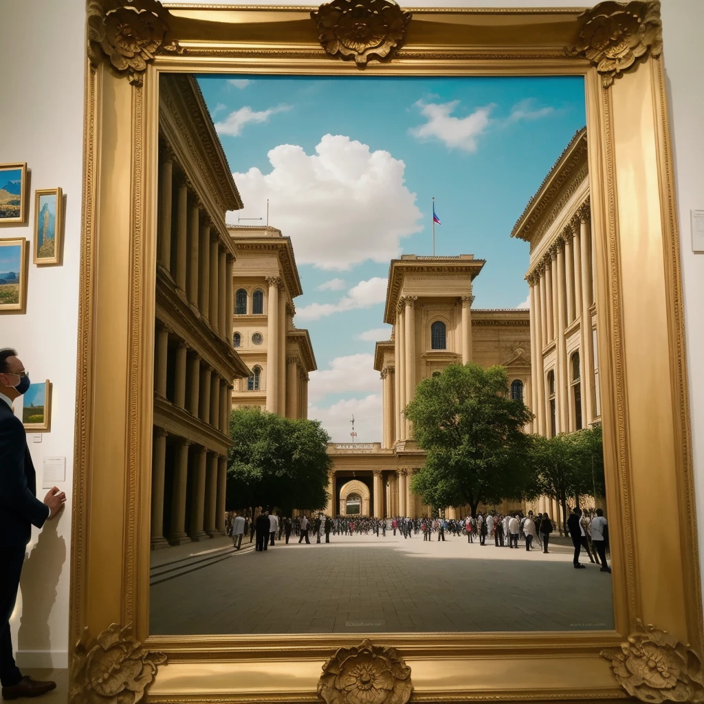 4k photo in 2024 years photoA frame of the painting in the middle of a museum exhibited as the extraordinary and main work Surrounded by people who observe this with a stunned area 