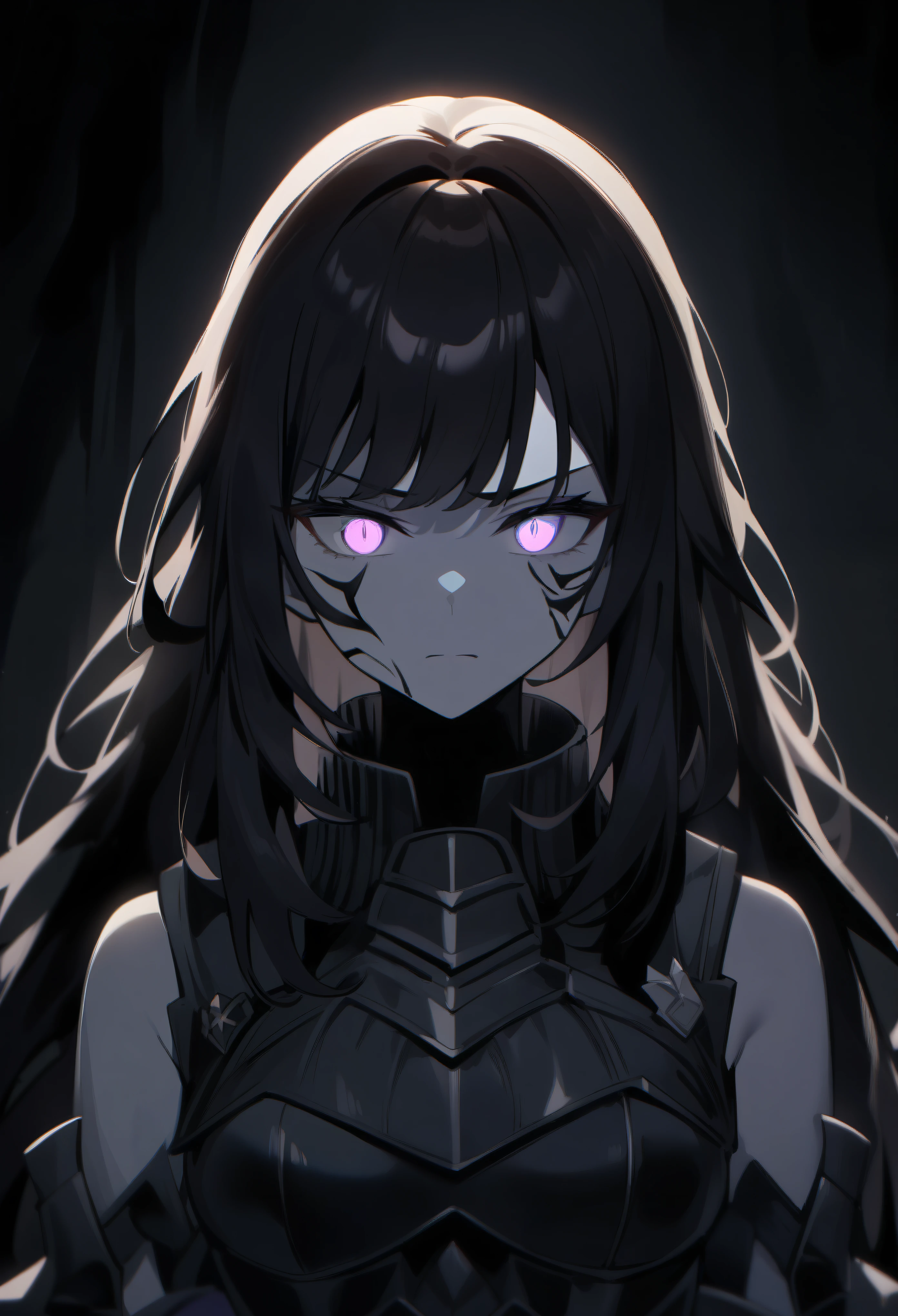 1girl, in shadows, dark surroundings, ((ultra detailed face:0.9)), ((intense eyes:0.8)), pale skin, ((darker eyes shadows)), ((complexion:0.6)), ((facial structure:1.1)), long hair, ((dark dark hair)), intricate hirai, ((headpiece:0.7)), ((armored vest)), ((armor-plated)), ((high detailed armor:0.9)), ((glowing_eyes:0.8)), ((lit face:0.8)), ((dark background:1.2)), darkened room, ((flickering candles:0.7)), ((darker ambience:0.9)), medium breasts, ((quiet expression)), (( serious face)), ((wide eyes:0.8)), ((darker shadowy surroundings)), low contrast, low light, ((darker background)), 25 years old